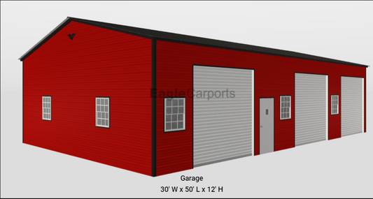 3 Bay, Vertical Roof Side Entry, Garage 30X50X12
