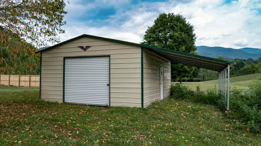 Boxed Eave Roof Metal Garage 32X25X9/6 With 12 Wide Lean-To