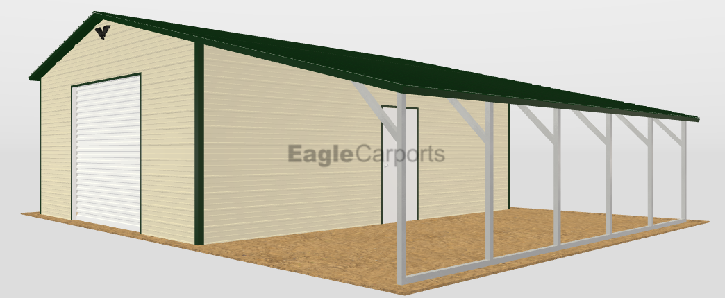 Boxed Eave Roof Metal Garage 32X25X9/6 With 12 Wide Lean-To