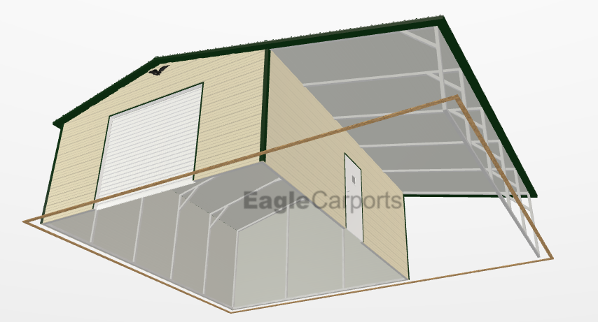 Boxed Eave Roof Metal Garage 32X25X9/6 With 12 Wide Lean-To