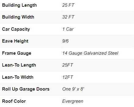 Boxed Eave Roof Metal Garage 32X25X9/6 With 12 Wide Lean-To