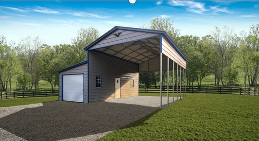 Vertical Roof Metal RV, Combo Carport - 28X30X13/8 With 10F Wide Lean-To