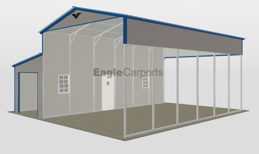 Vertical Roof Metal RV, Combo Carport - 28X30X13/8 With 10F Wide Lean-To