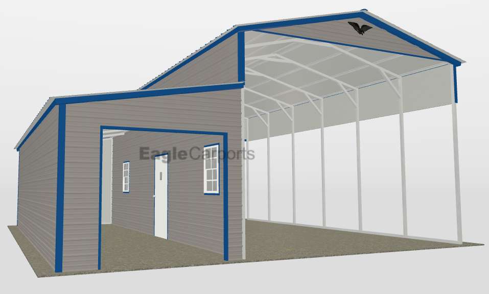 Vertical Roof Metal RV, Combo Carport - 28X30X13/8 With 10F Wide Lean-To