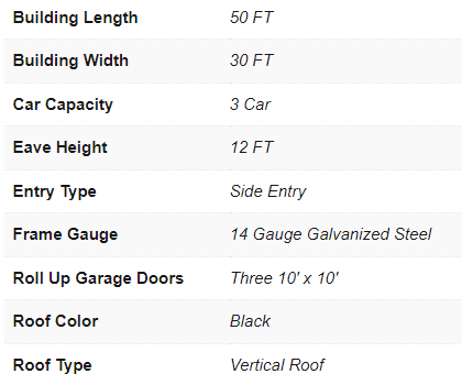 3 Bay, Vertical Roof Side Entry, Garage 30X50X12